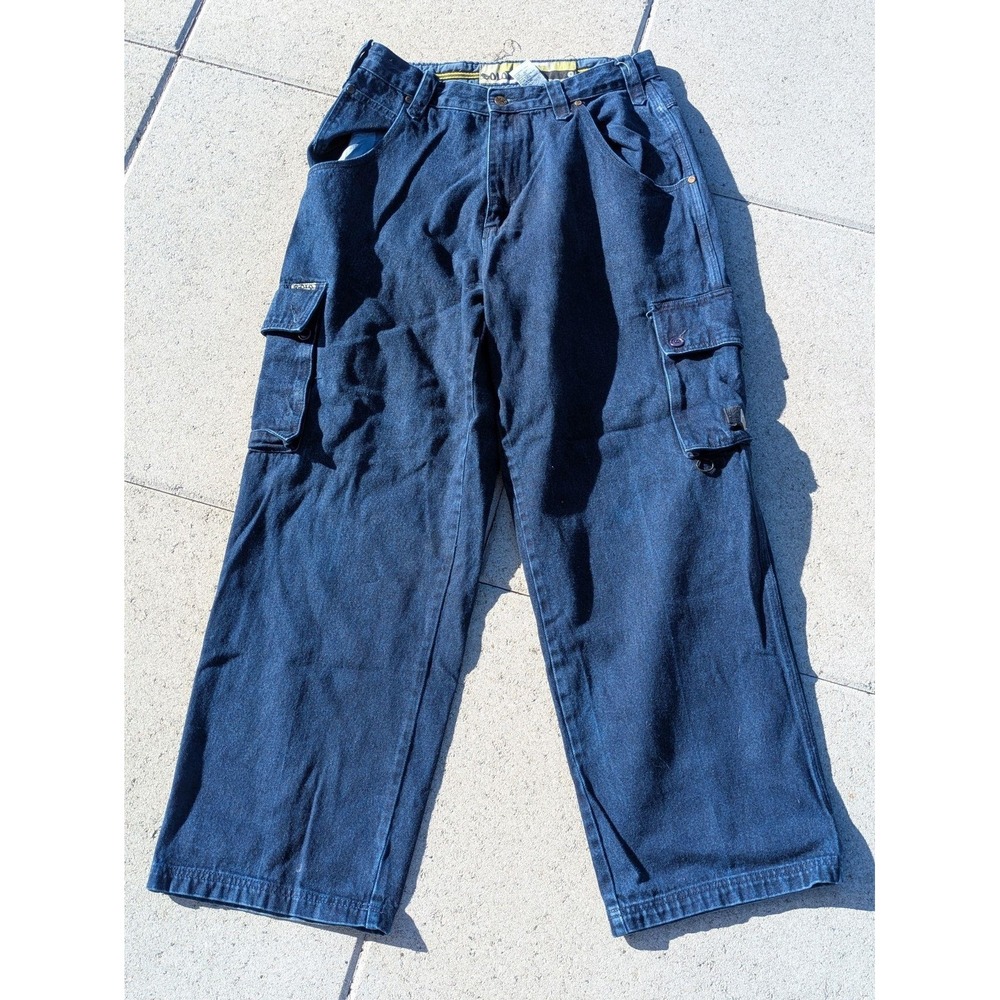 VTG Solo Jeans Mens 38x34 Blue Cargo Wide Leg Relaxed Fit Denim Baggy Skater 90s